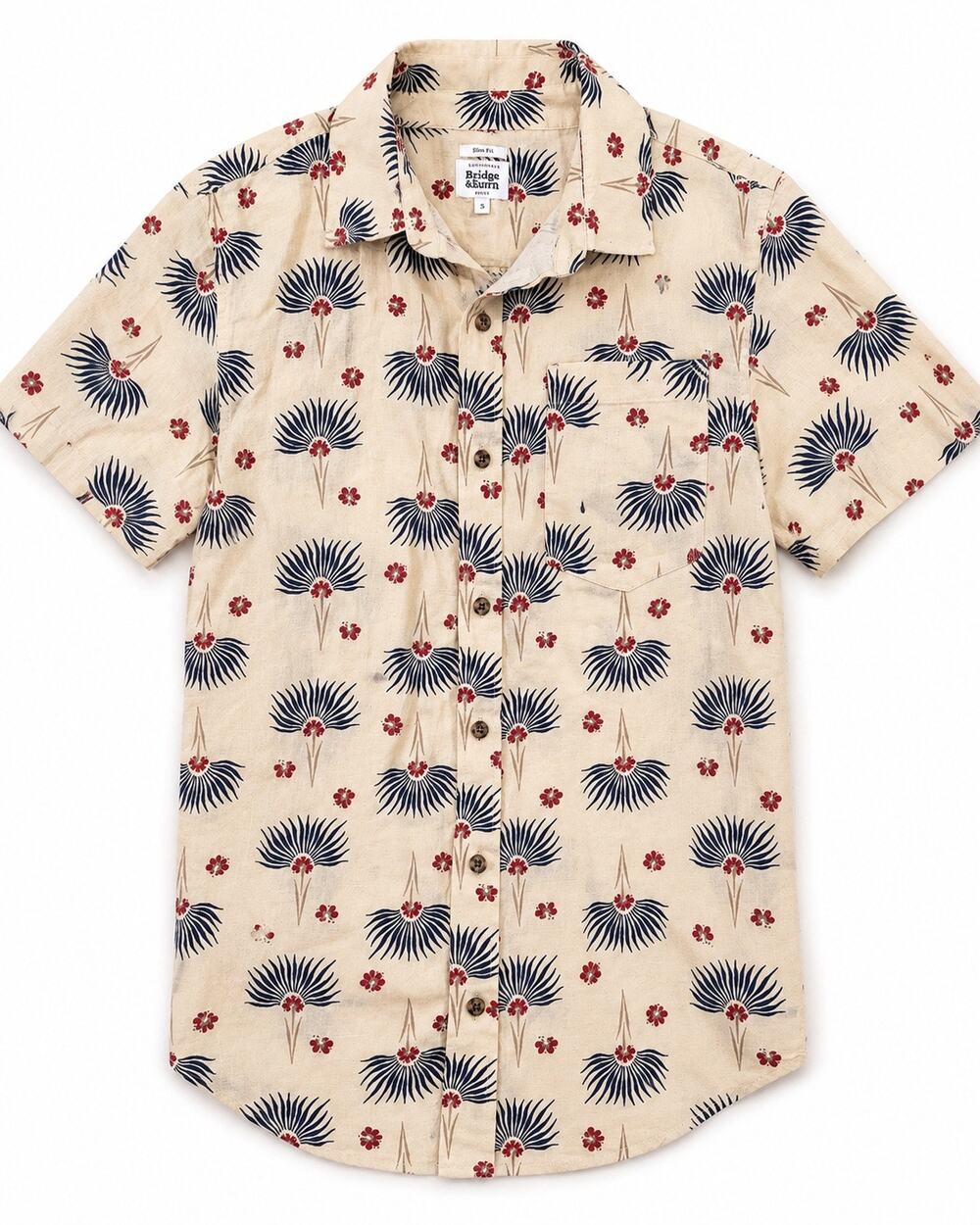 Bridge & Burn Men’s Small Linen Cotton Floral Short Sleeve Button Shirt